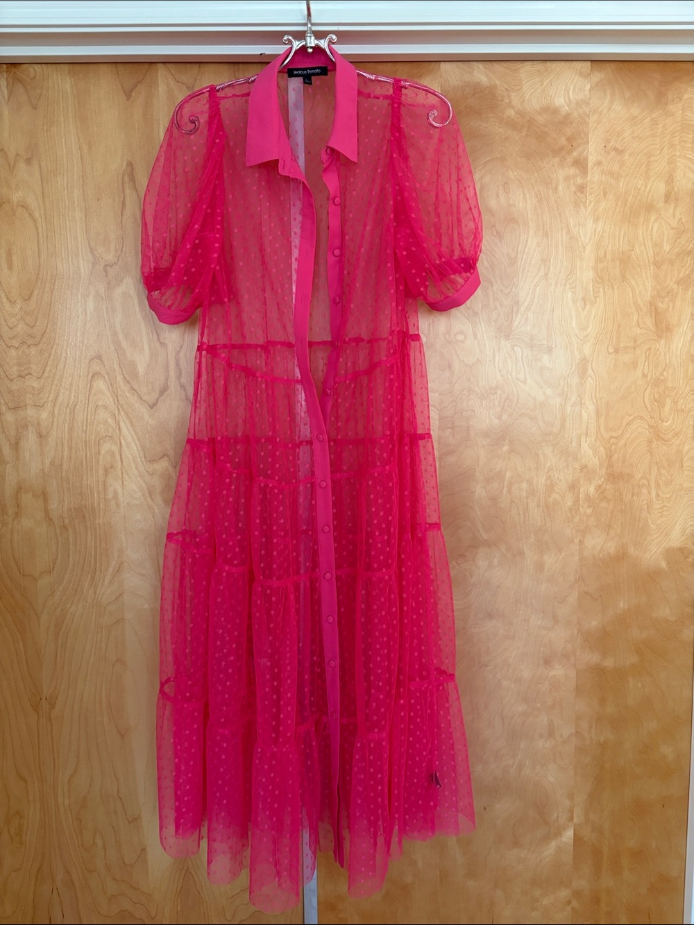 Hot Pink Sheer Tiered Button-Front Maxi Dress